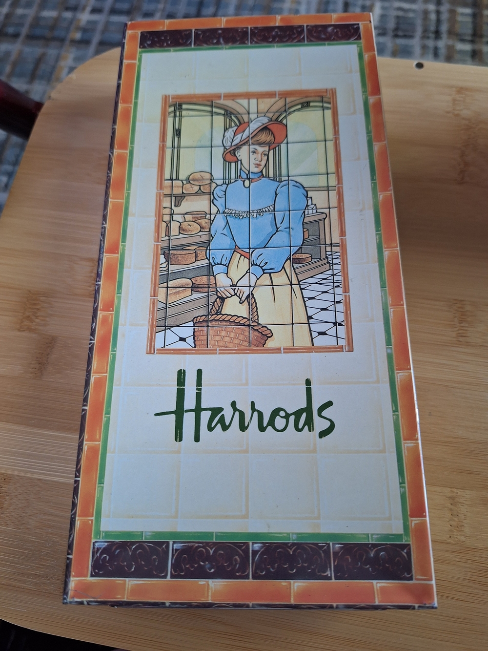 Harrods Decorative Tin with Blue, Cream & Orange Tile Motif